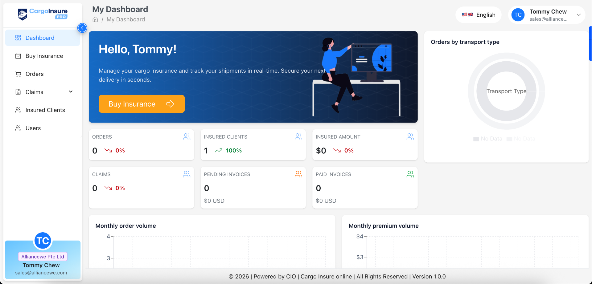 White-label cargo insurance dashboard showing orders, insured clients, claims, and analytics